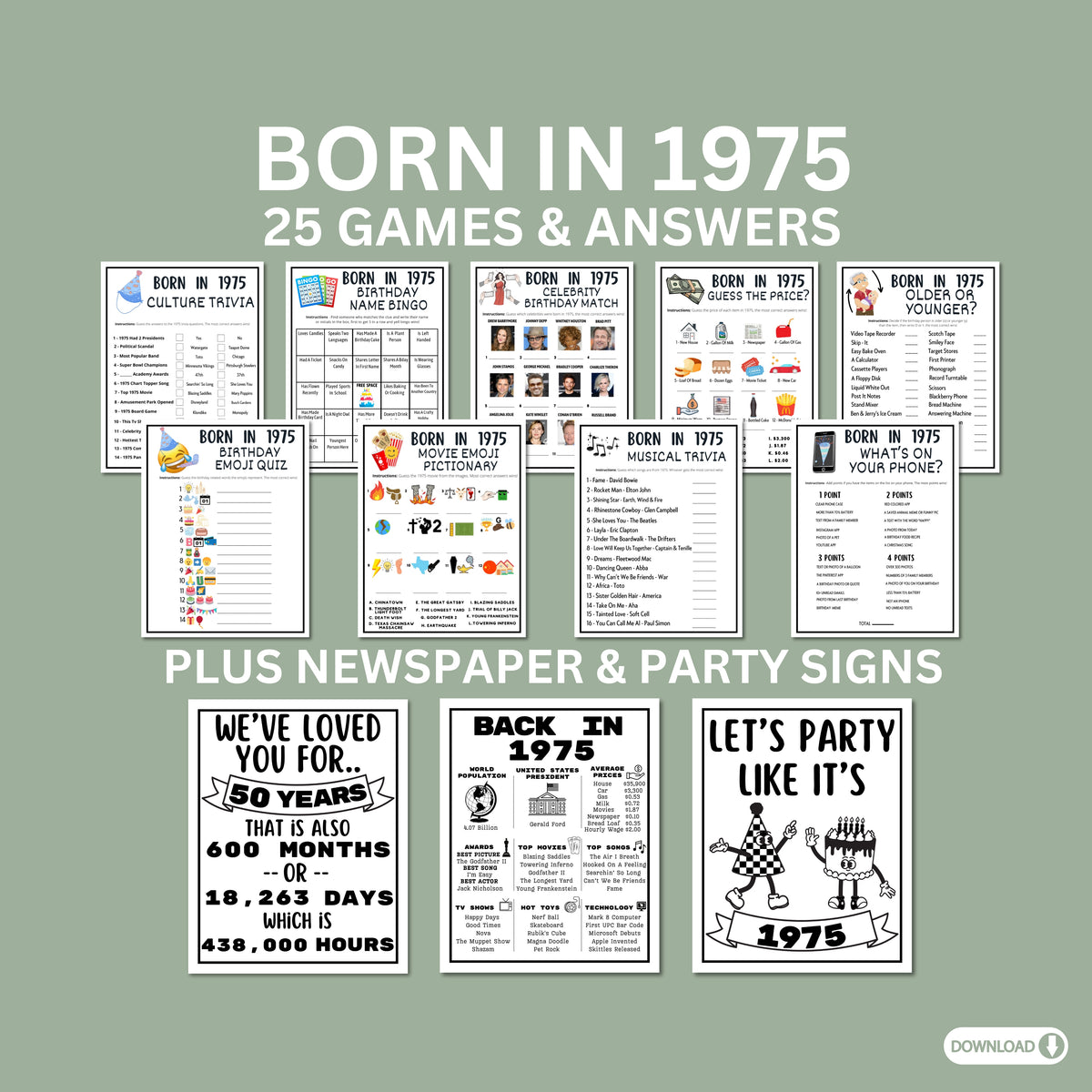 50th Birthday Printable Games Bundle | Born in 1975 Party Idea | 50th – Enjoymyprintables for What Happened The Year I Was Born Printable Free
