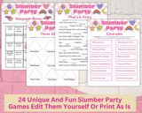 Printable Slumber Party Games | Sleepover Activity Bundle Editable Template | Charades | Tween Teens | Pink Birthday Idea