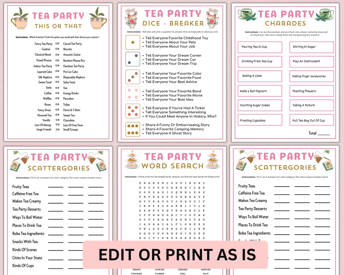 printable tea party games adults kids toddler | editable high tea