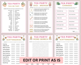 Printable tea party games and answers that are editable to print and play at girls birthdays, ladies tea parties, church functions, family gatherings and high tea or baby and bridal showers.