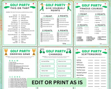 Printable golf watching party games to print and play for adults and kids with answers editable templates for birthday or golf parties.