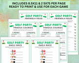 Printable golf watching party games to print and play for adults and kids with answers editable templates for birthday or golf parties.