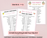 Printable tea party games and answers that are editable to print and play at girls birthdays, ladies tea parties, church functions, family gatherings and high tea or baby and bridal showers.