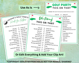 Printable golf watching party games to print and play for adults and kids with answers editable templates for birthday or golf parties.
