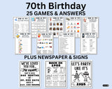 bundle of 70th birthday party games for women and men born in 1955 games and answers plus newspaper and party sign for adults and kids