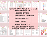 Printable tea party games and answers that are editable to print and play at girls birthdays, ladies tea parties, church functions, family gatherings and high tea or baby and bridal showers.