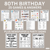 Printable bundle of 80th birthday party games newspaper signs and decorations with answers for born in 1945 kids and adults.