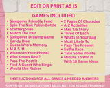 Printable Slumber Party Games | Sleepover Activity Bundle Editable Template | Charades | Tween Teens | Pink Birthday Idea