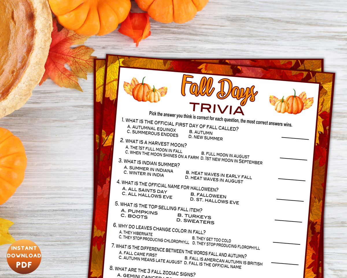 Fall Autumn Party Trivia Game, Printable or Virtual Kids Activity Shee – Enjoymyprintables for Free Printable Fall Trivia Questions And Answers