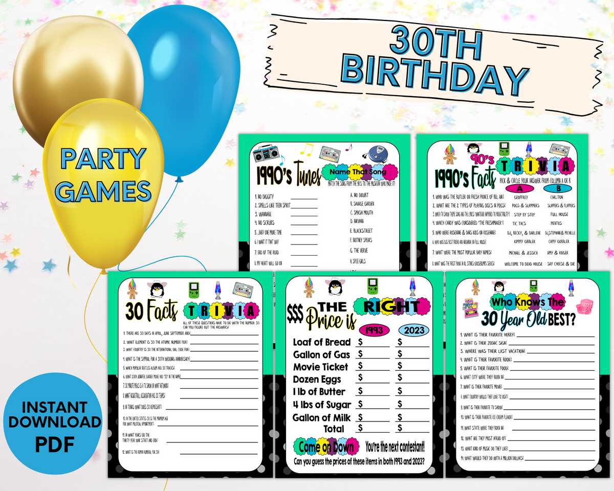 30th Birthday Party Printable 1993 Games, Turning 30, Instant Download –  Enjoymyprintables