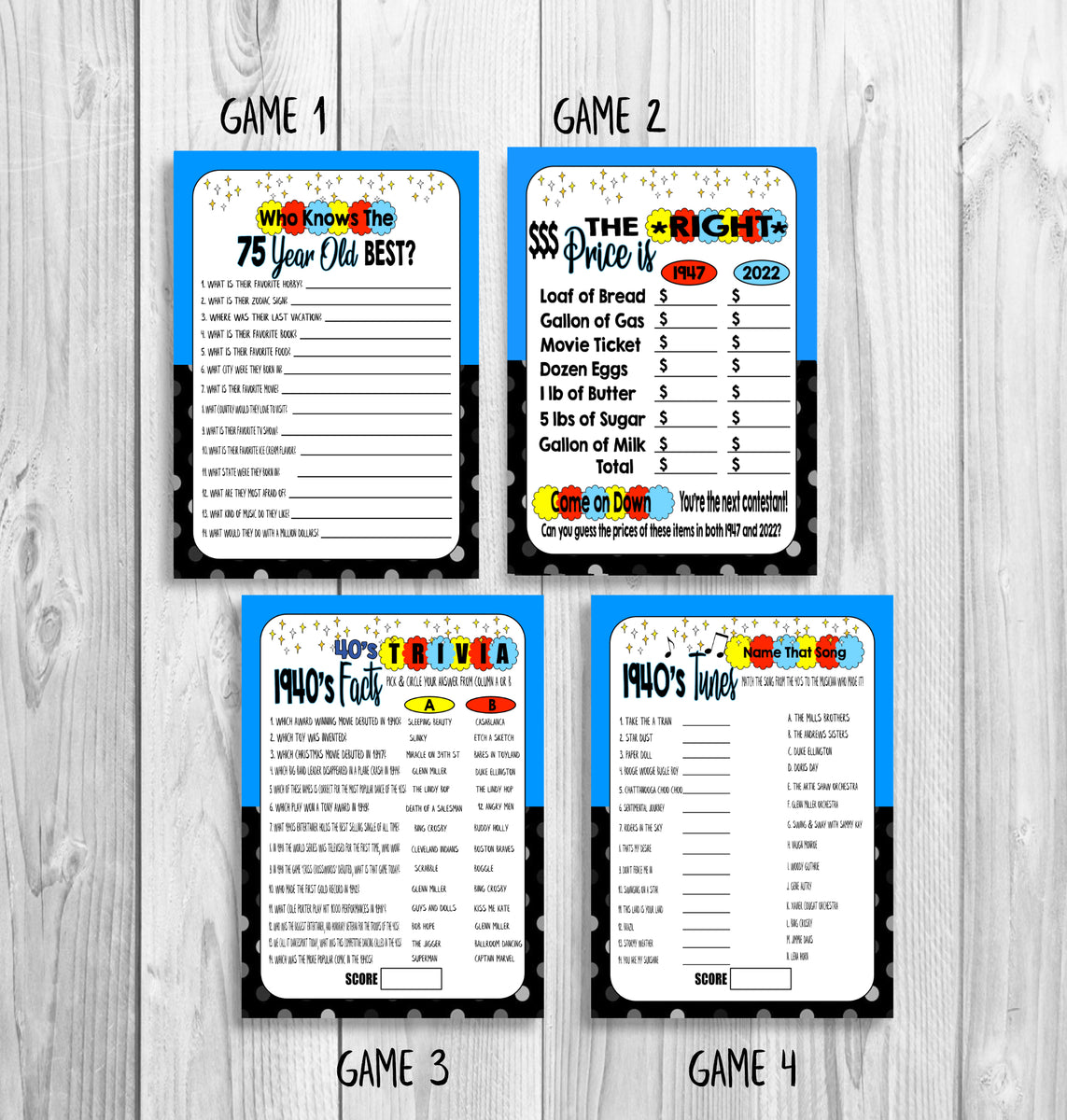 75th Birthday Party Games, 75th Birthday Ideas, 1947 Trivia Game, Pric ...