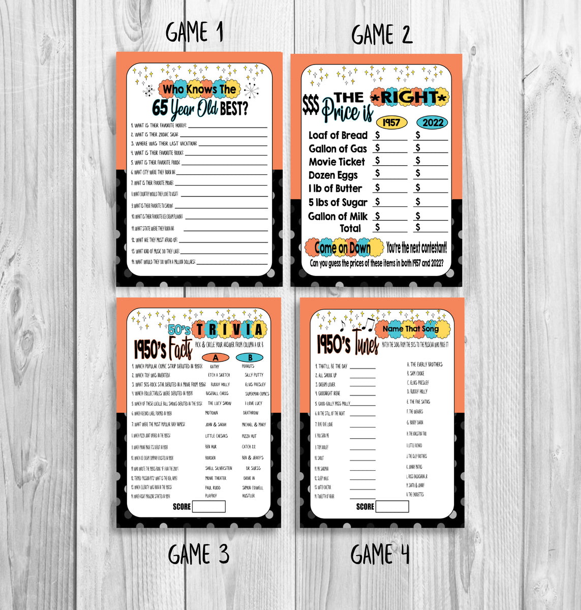 65th Birthday Party Games, 65th Birthday Ideas, 1957 Trivia Game, Pric