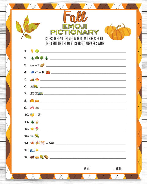 printable or virtual fall emoji pictionary game for kids & adults