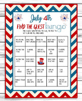 July 4th Party Find The Guest Bingo Game, Printable Party Ice breaker Favor, Instant Download