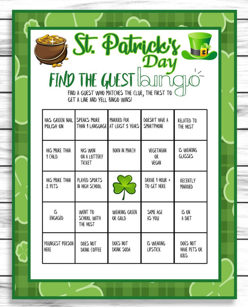 Saint Patricks Day Game, Find The Guest Bingo, St Patricks Day Party Activity, Printable Or Virtual Game, Instant Download