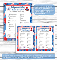 July 4th Party Finish The Word Game, Printable Kids Activity Sheet, Instant Download