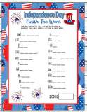 July 4th Party Finish The Word Game, Printable Kids Activity Sheet, Instant Download