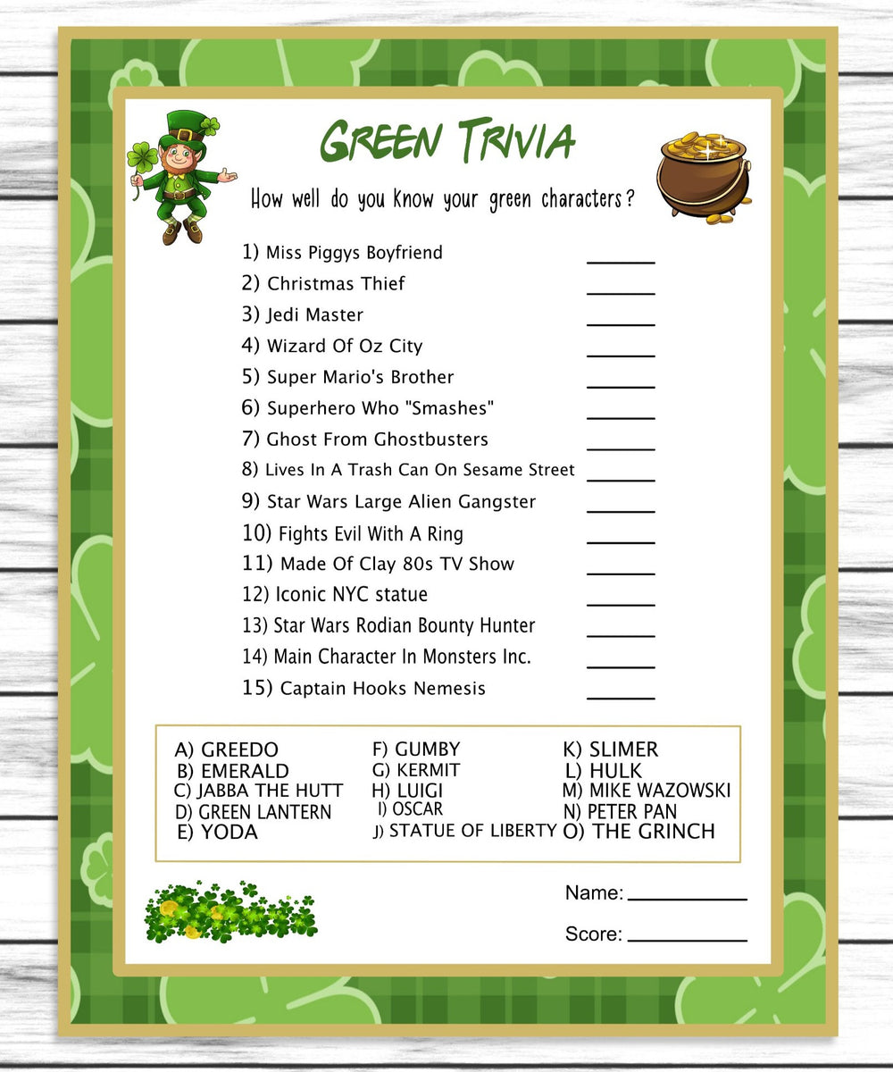 Green Trivia for Trivia Parties and St. Patricks Day