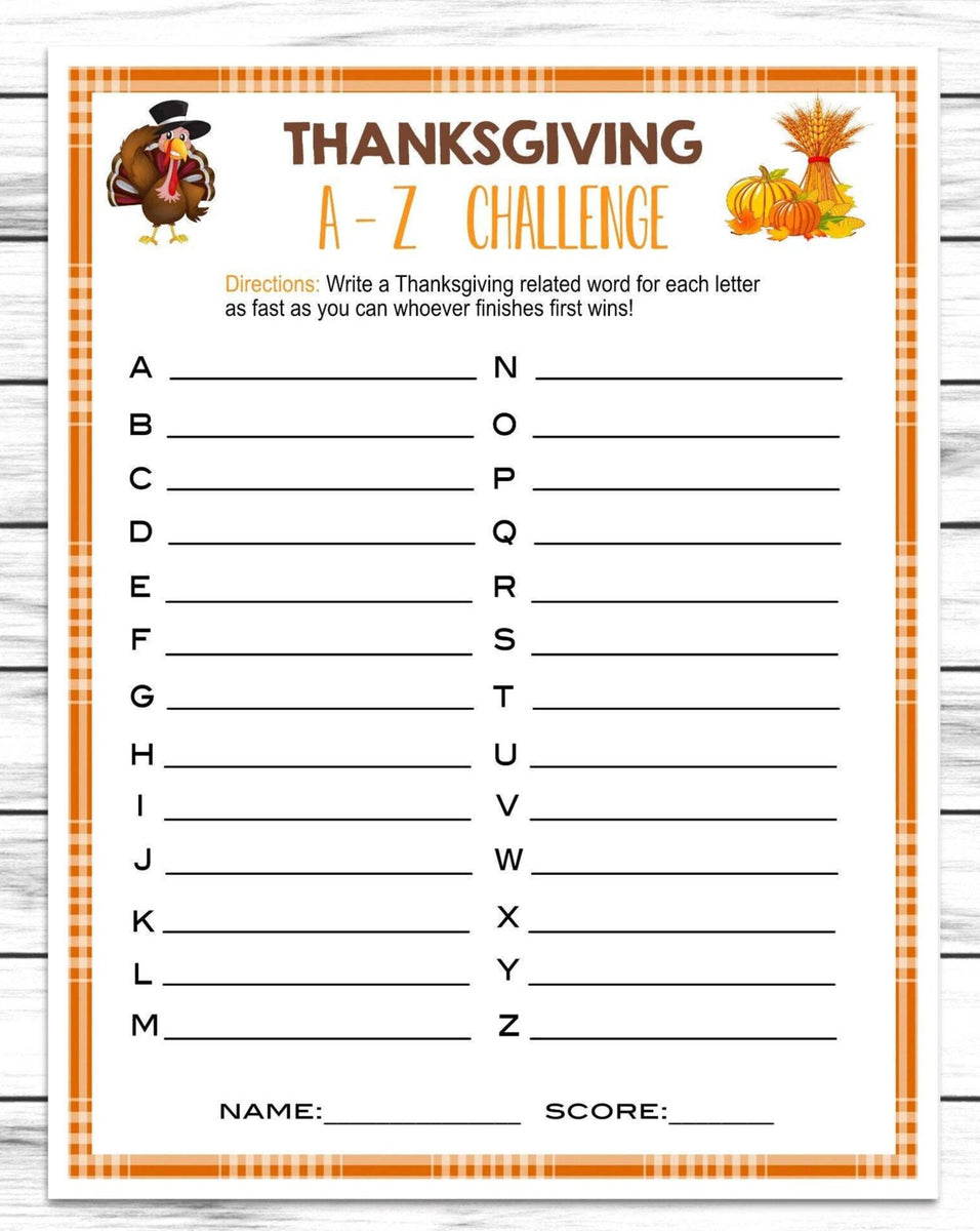 thanksgiving a-z word game, printable or virtual turkey day quiz