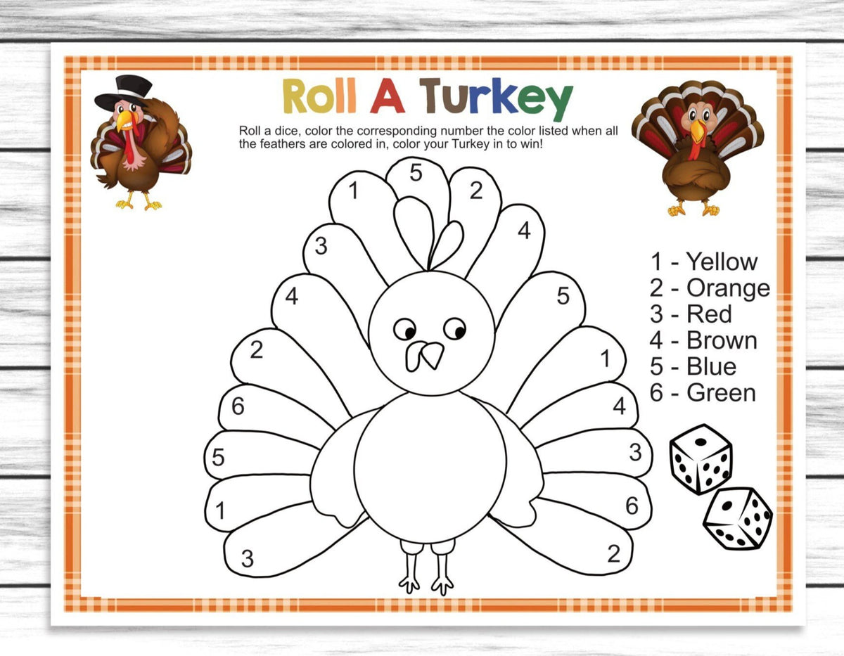 thanksgiving dice coloring turkey game, printable or virtual