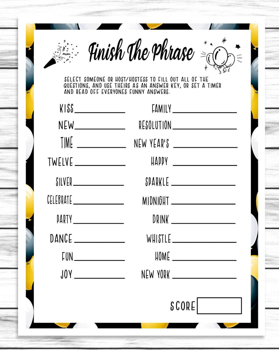 new years finish the phrase game, printable or virtual holiday