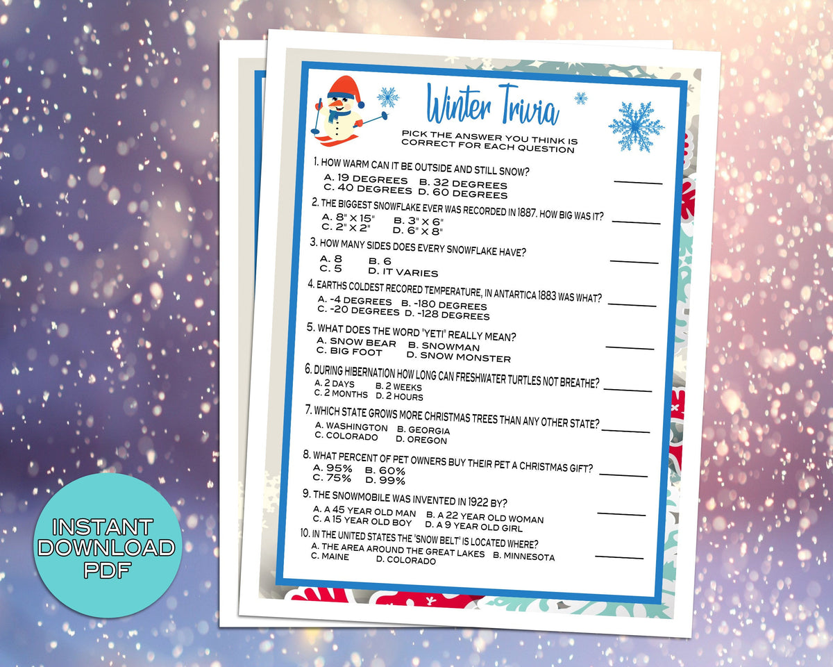 Winter Trivia Party Game, For Adults Kids, Classroom, Office, Winter P – Enjoymyprintables for Free Printable Winter Trivia Questions And Answers Printable