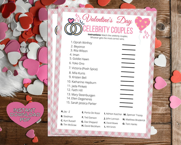 Celebrity Couples Trivia Game -Classroom Office Valentines Day Party Game For Kids & Adults - Printable Or Virtual Instant Download Activity