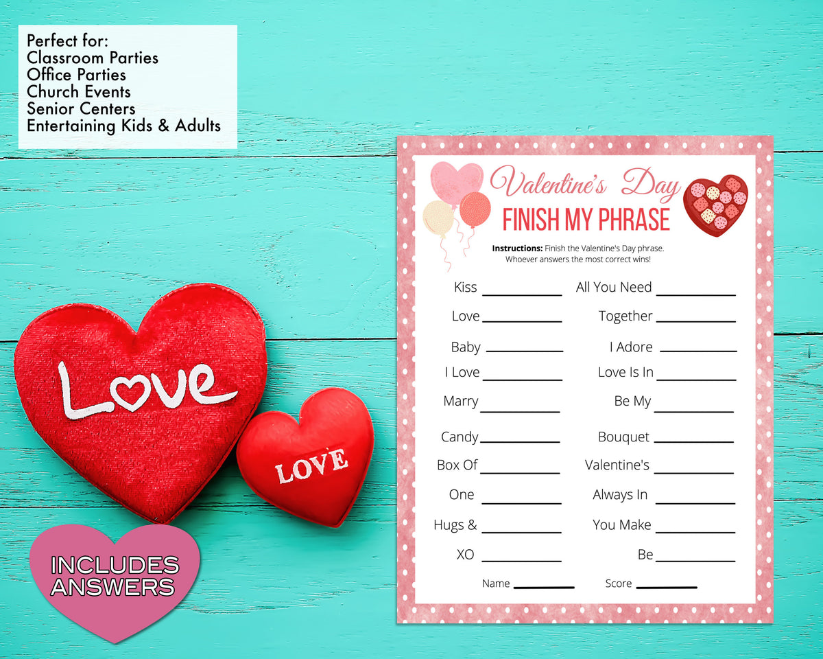 Valentines Finish My Phrase Word Game -Classroom Office Valentines Day –  Enjoymyprintables