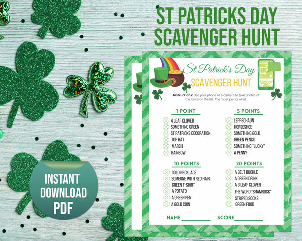 St Patricks Day Scavenger Hunt Game, St Paddys Office Classroom Printable Activity, Kids & Adults Saint Pattys Party Fun Game