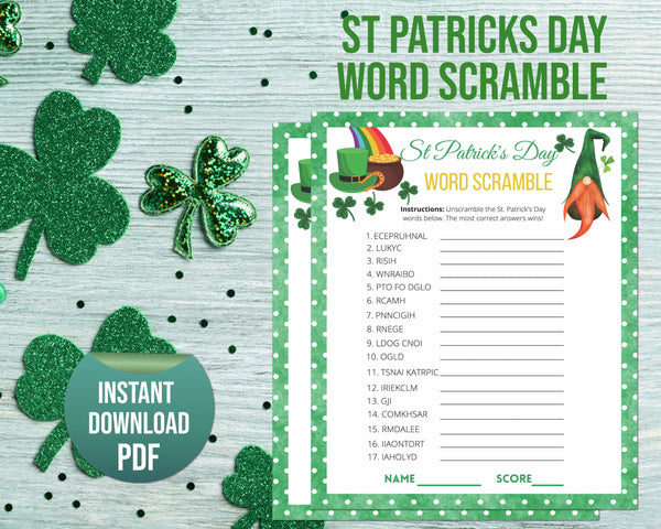 St Patricks Day Printable Word Scramble, St Paddys Office Classroom Activity, Irish Quiz, Kids & Adults Saint Pattys Party Word Game