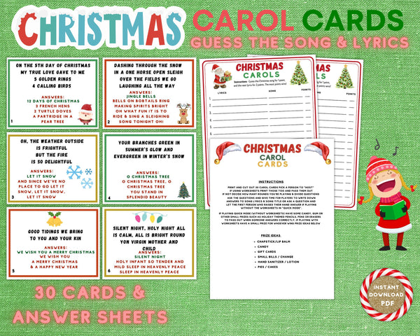 Christmas Carol Finish Lyrics Game, Xmas Song Cards, Printable Holiday Party Trivia Kids & Adults, Classroom Work Party Activity Group Game