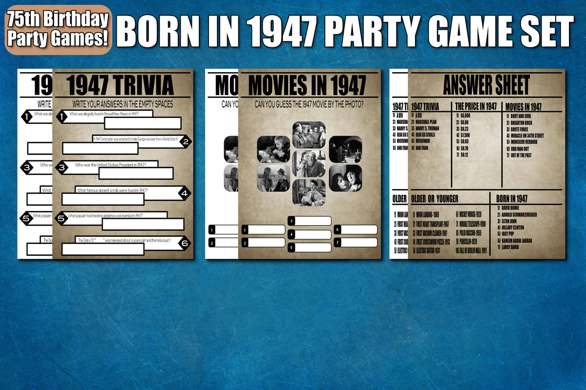 75th Birthday Party Games top Born In 1947 Games Bundle Printable Games 75th Birthday Games 1947 Trivia Game 1947 Quiz Instant Download