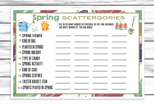 spring party scattergories word game printable or virtual