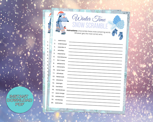 Snow Word Scramble Winter Party Game, For Adults Kids, Classroom, Office, Winter Party Printable Virtual Game, Family Reunion, Instant