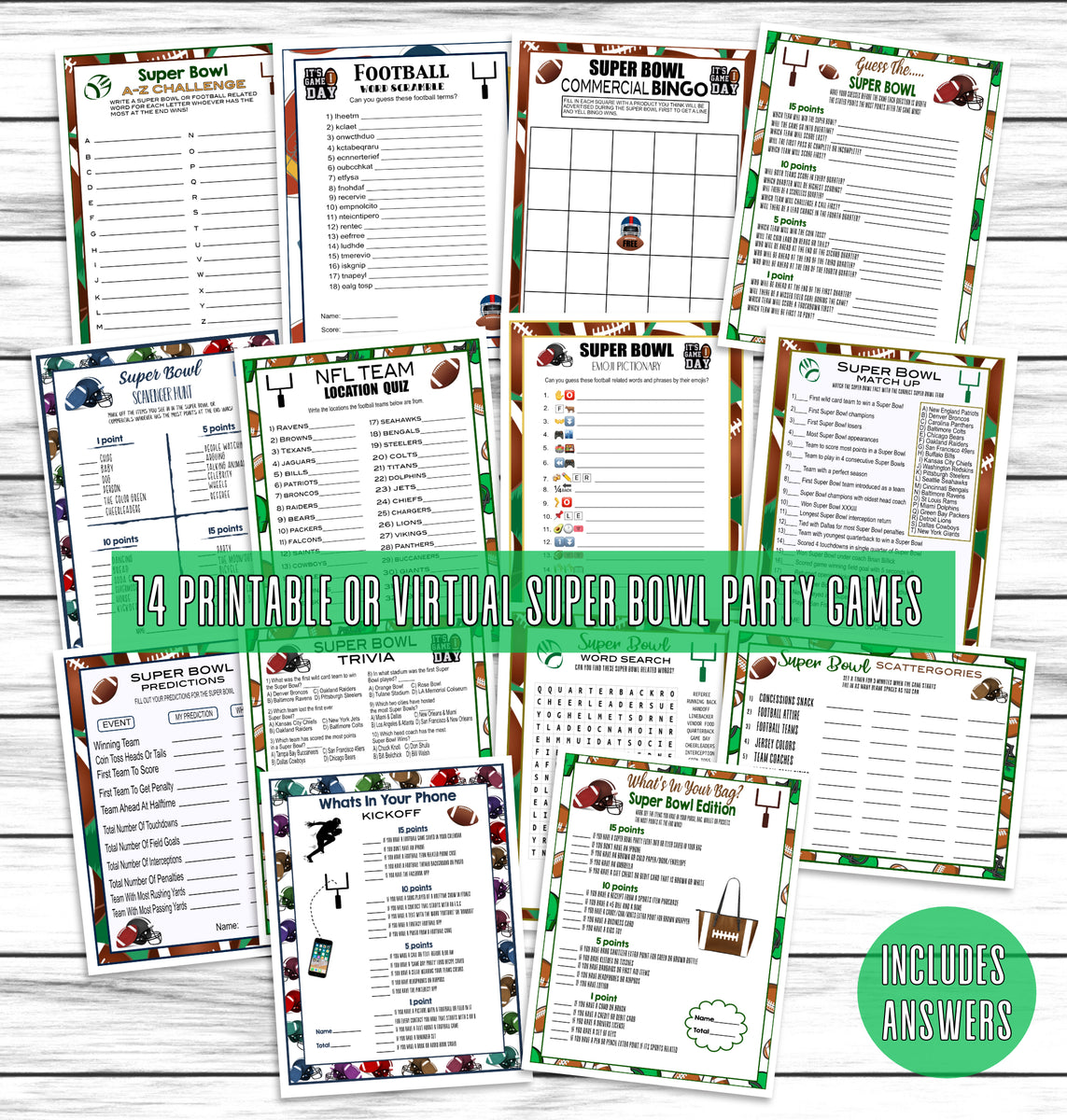 14 Super Bowl Party Family Game Set, Printable or Virtual Kids