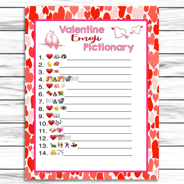 valentines day emoji pictionary party game printable or virtual