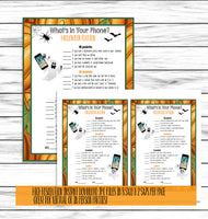 printable or virtual whats in your phone halloween party game for kids or adults