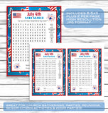 July 4th Party Word Search Game, Printable Kids Activity Sheet, Instant Download