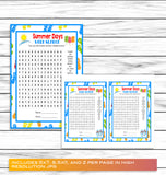 Summer Party Family Reunion Word Search Game, Printable Kids Activity Sheet, Instant Download