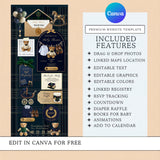 A promotional graphic for a Canva website template for baby showers. The left side shows a tall, narrow baby shower invitation design with dark navy plaid, gold accents, balloons, teddy bears, and baby clothing illustrations.
