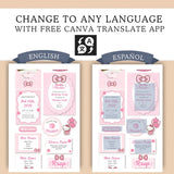 A promotional graphic for customizable invitation templates showing English and Spanish versions side by side. The top text reads 'CHANGE TO ANY LANGUAGE WITH FREE CANVA TRANSLATE APP,' with an English and Spanish banner above each template set.