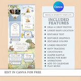 A promotional graphic for a Canva classic boys winnie the pooh website template for baby showers. On the left is a tall preview of a pastel baby shower invitation design with decorative illustrations and text blocks.