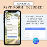 Promotional graphic for an editable RSVP form template, showing a smartphone mockup with a winnie the pooh boys blue themed RSVP form on screen, a text table on the right, and a blue circular badge reading 'Collect RSVPs in Canva'.