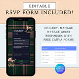 Promotional graphic for an editable digital RSVP ralph lauren polo girls baby shower website invitaiton form template. A smartphone mockup on the left shows a dark green plaid RSVP screen with text fields and a submit button.