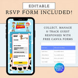 Promotional graphic for an editable Toy Story-themed RSVP form template, showing a smartphone mockup with the form interface, a sample response tracker table, and text stating 'RSVP FORM INCLUDED!' and 'Collect Rsvp in Canva'.