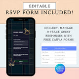 Promotional graphic for an editable RSVP form template, showing a smartphone mockup with a dark plaid and white form interface, plus a spreadsheet preview and text stating 'RSVP FORM INCLUDED!' and 'Collect RSVPs in Canva'.