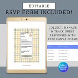 silly little goose on the loose sage green gingham scalloped invite with bow, editable canva website for your baby shower invitation, save money, time and postage and wow your guests with this digital invite its an interactive website for mother goose or goose theme baby showers, trackable rsvp, clickable envelope, registry links, party location link books for baby, diaper raffle and more, easy to edit and share with free canva account share via text, email or social media