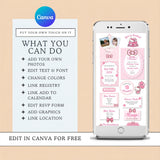 Promotional graphic for a Canva editable hello kitty birthday invitation template. On the left is a white panel listing features like adding photos, editing text and font, changing colors, linking to calendar, adding RSVP form, graphics, and location.