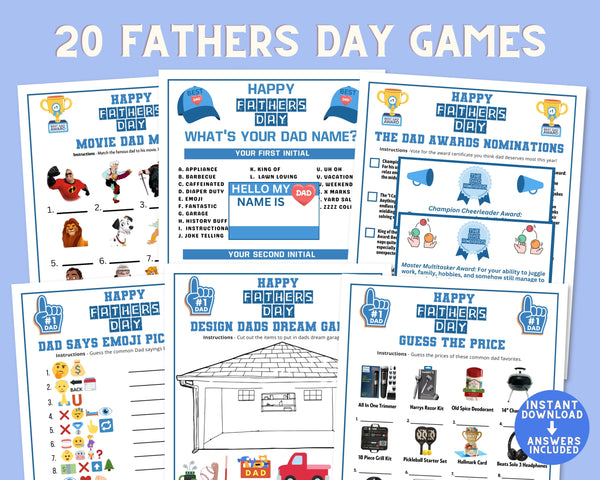 Printable Fathers Day Games And Answers Bundle | DIY Activities For Dads, Adults, Kids To Play Awards To Celebrate Dads