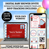 ready to pop soda themed baby shower editable canva website invitation, mobile invite website that is customized by you with a free canva account, trackable rsvps, books for baby, diaper raffle, drag and drop your own photos into polaroid frames change colors, themes text and more immediately after downloading then share via text, email or social media 